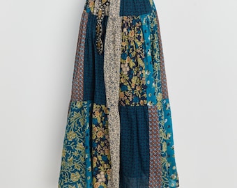 90er Blau Braun Patchwork Boho Rock L