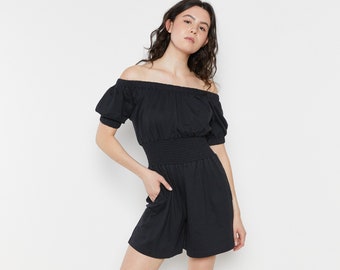 80s Worn Black Knit Romper XS-M