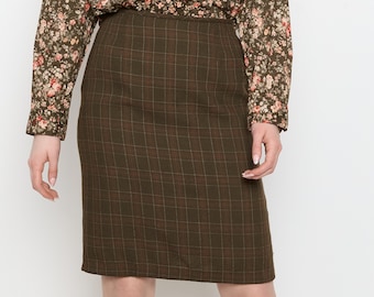 90s Deep Olive Plaid Pencil Skirt M