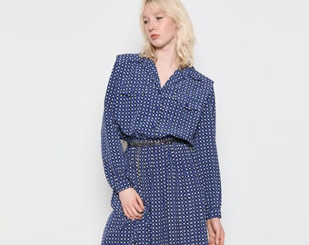 80s Blue Dot Shirt Dress M/L