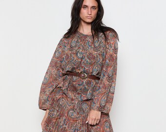 70s Brick Paisley Print Layered Dress L