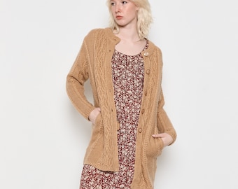 70s Camel Cable Knit Cardigan M
