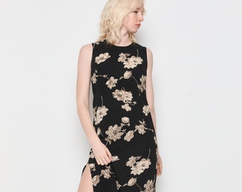 90s Black Floral Midi Sleeveless Dress XS