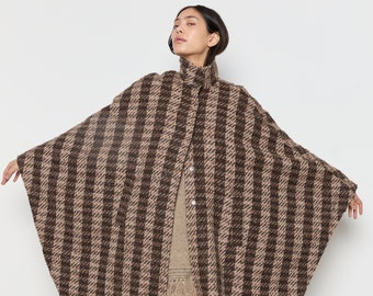 70s Brown Tan Plaid Wool Poncho One Size