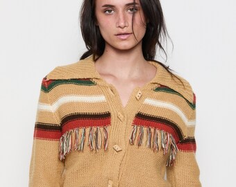 70s Camel Striped Fringe Cardigan M