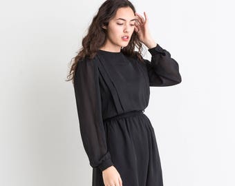 80s Black Sheer Chiffon Dress