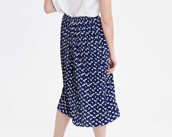 80s Blue Square Print Pleated Skirt M
