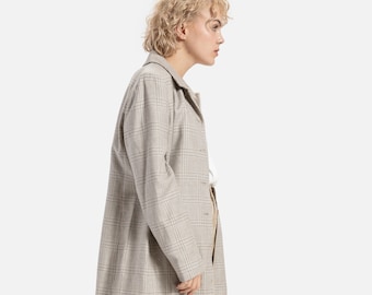 90s Grey Plaid Wool Coat L