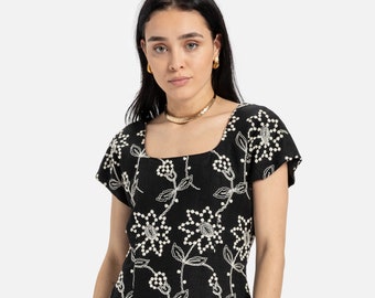 90s B&W Embroidered Floral Dress M