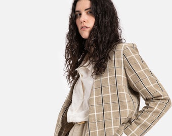 80s Tan Plaid Blazer M