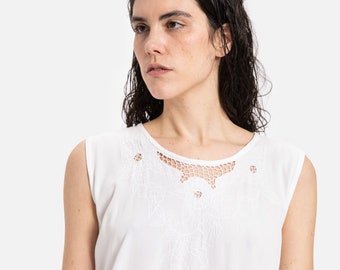 90s White Crochet Detail Dress L