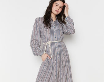 70s Blue Print Striped Shirt Dress M/L