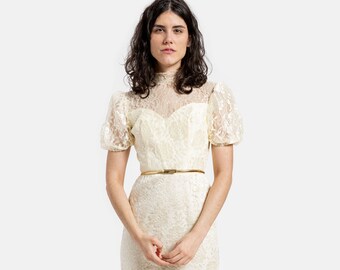 80s Cream Lace Sweetheart Dress XS