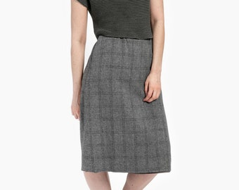 70s Grey Plaid Wool Skirt L