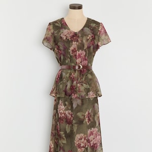 Robe olive en mousseline superposée froissée fleurie des années 90 L