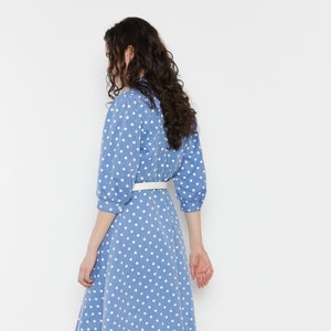 70s Blue Woven Polka Dot Sun Dress S/M image 1