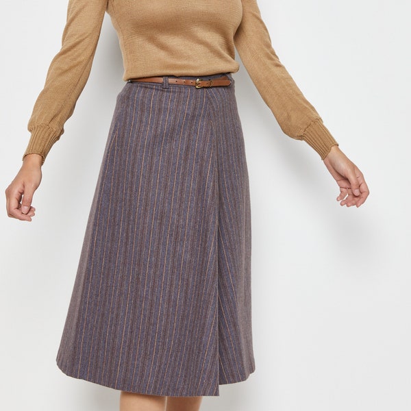 70s Smokey Indigo Striped Wool Belted Skirt XS