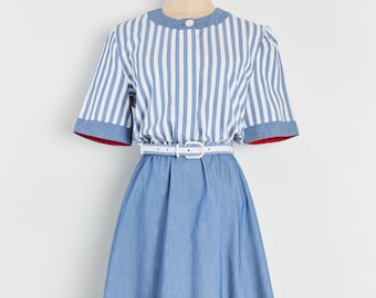 70s Blue White Striped Chambray Shirt Dress S/M