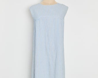 Vestido de tirantes azul y blanco Searsucker de los años 60 L
