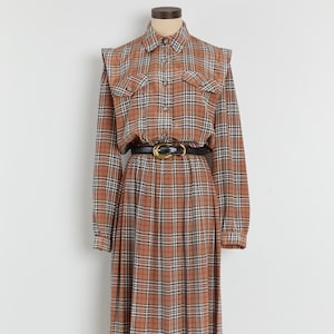 80s Tan Plaid Button Down Shirt Dress M