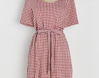 Mono corto de cuadros vichy color vino estilo años 90 con cinturón, tallas S-L