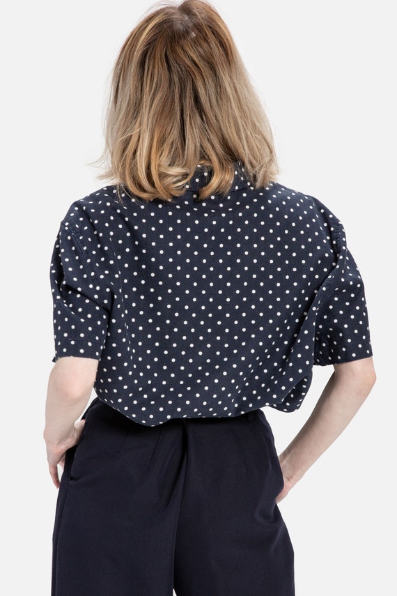 80s Navy Polka Dot Linen Top L - image 4