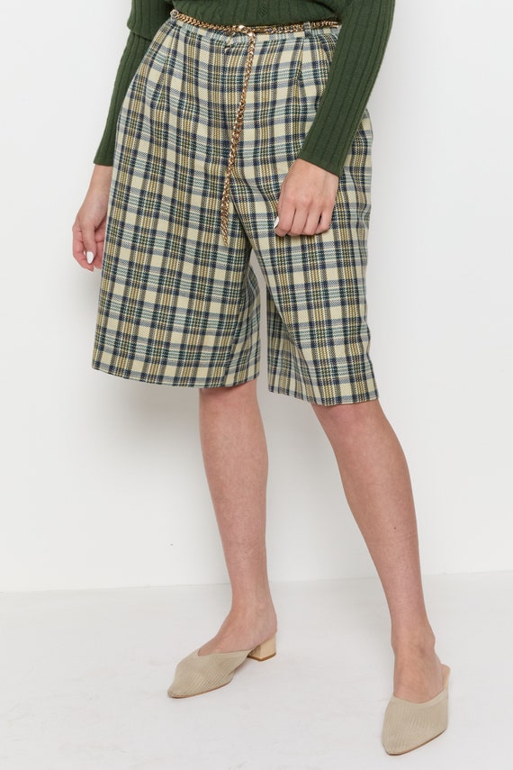 80s Olive Green Plaid Long Shorts L - image 2
