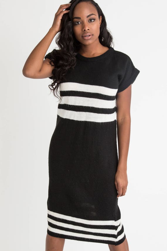 80s Black Stripe Sweater Dress M - image 1