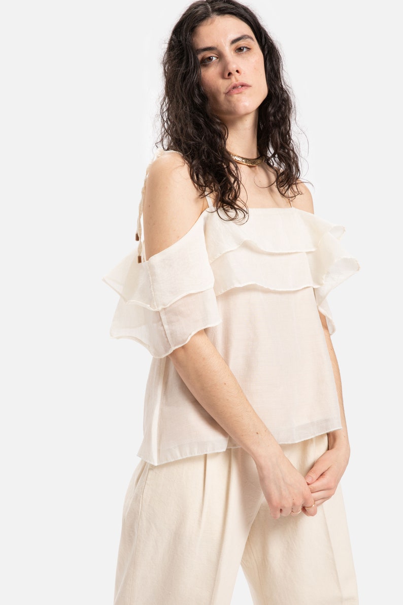 70s Cream Chiffon Layered Off Shoulder Top S image 2