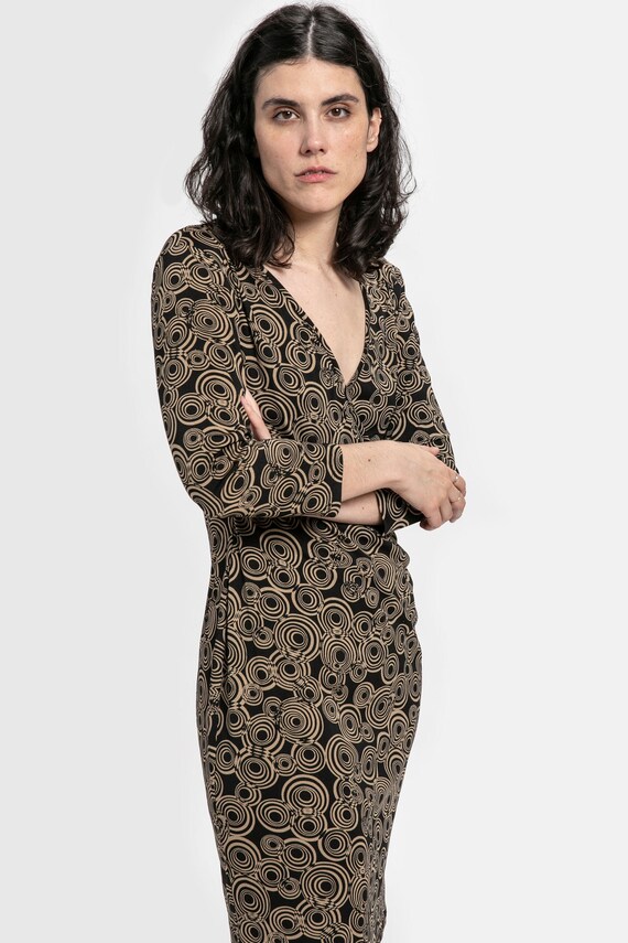 90s Brown Swirl Faux Wrap Dress M