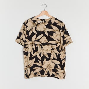 90s Black Beige Floral Top M/L