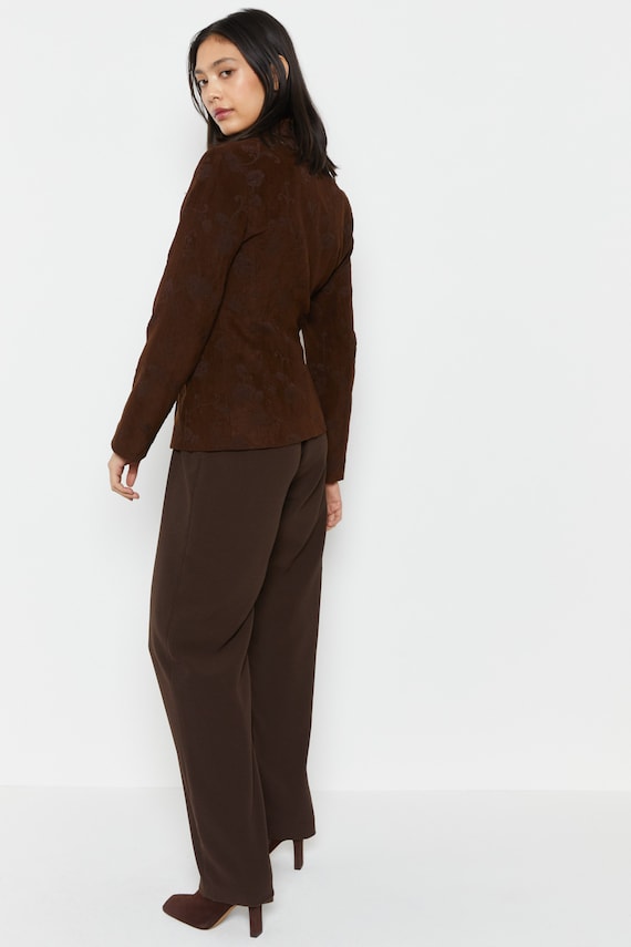 90s Chocolate Floral Print Velvet Blazer S - image 9