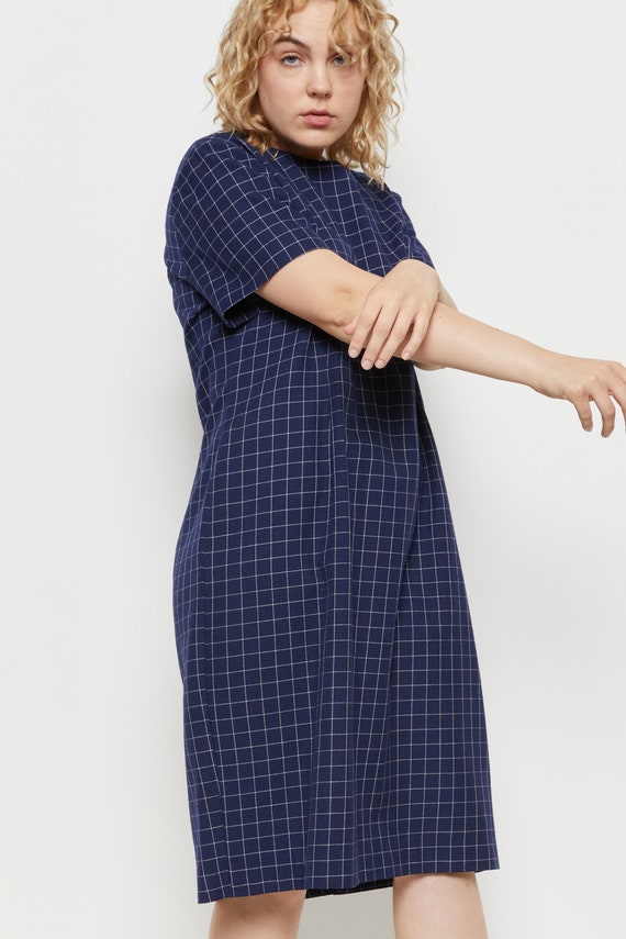 80s Navy Grid Dress L - image 6