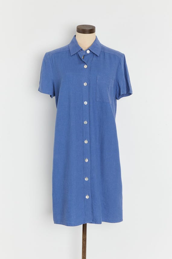 90s Cornflower Blue Button Down Linen Mini Dress M - Etsy Israel