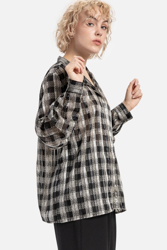 80s B&W Plaid Sheer Blouse L - image 4