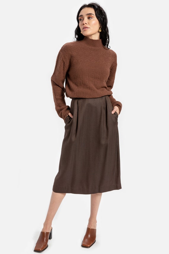90s Brown Herringbone Pencil Skirt S - image 1