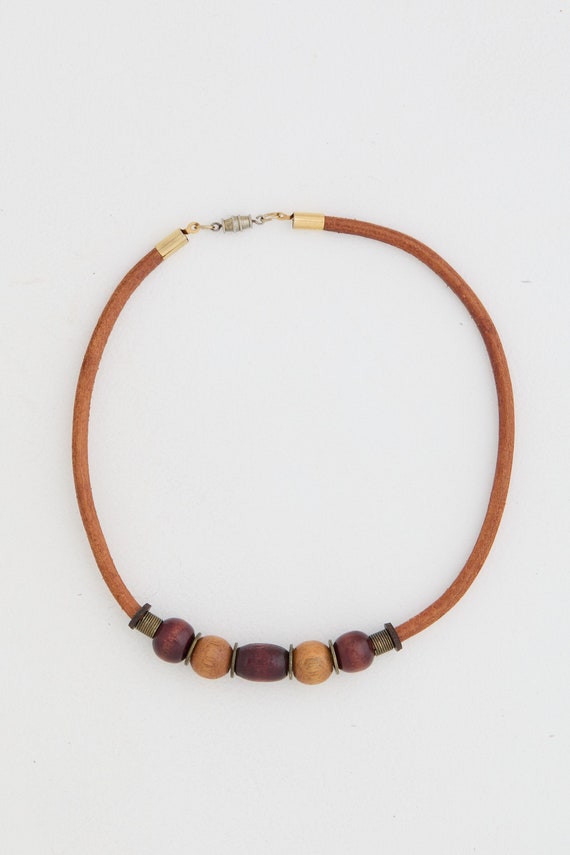 70s Leather Wooden Bead Choker