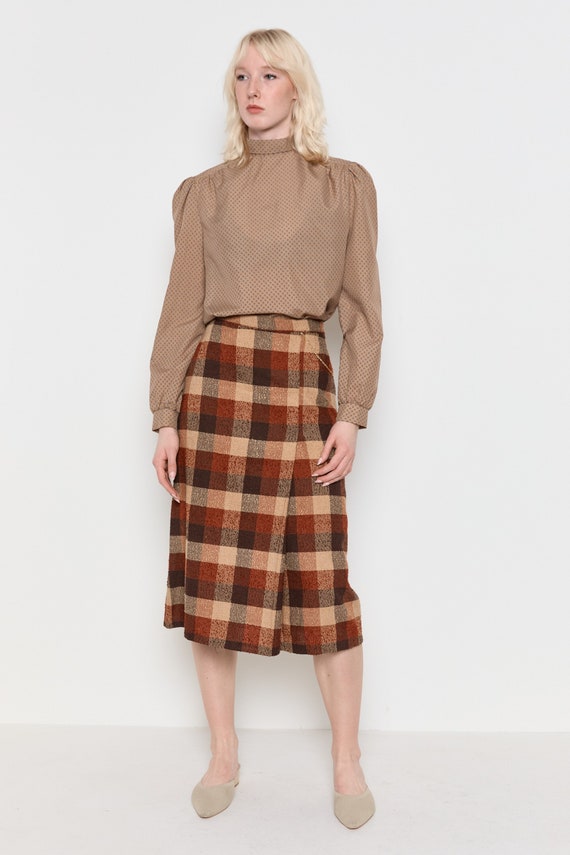 70s Rust Nubby Plaid Skirt L