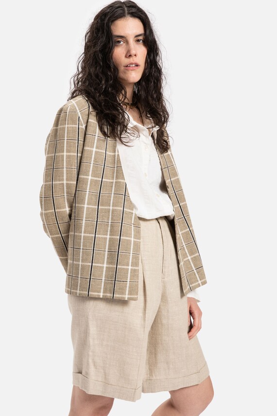 80s Tan Plaid Blazer M Gem