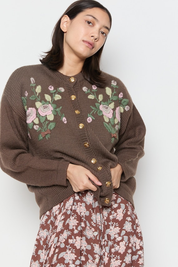 70s Cocoa Embroidered Bouquet Cardigan L