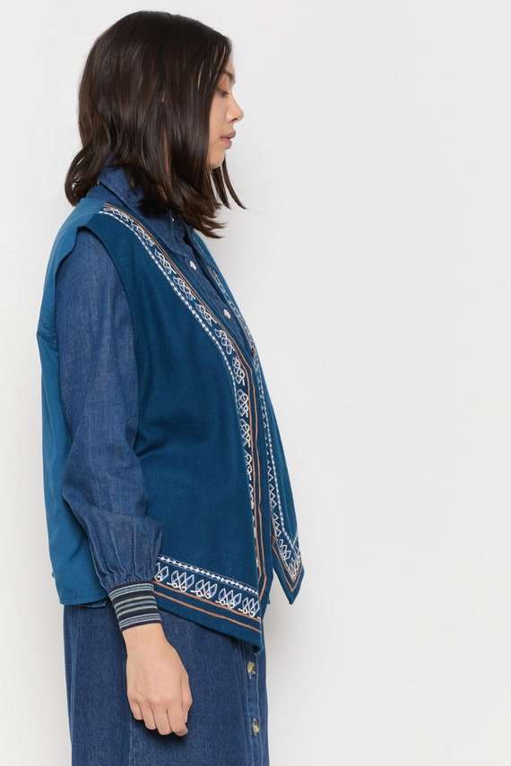 80s Blue Wool Embroidered Vest XL - image 5