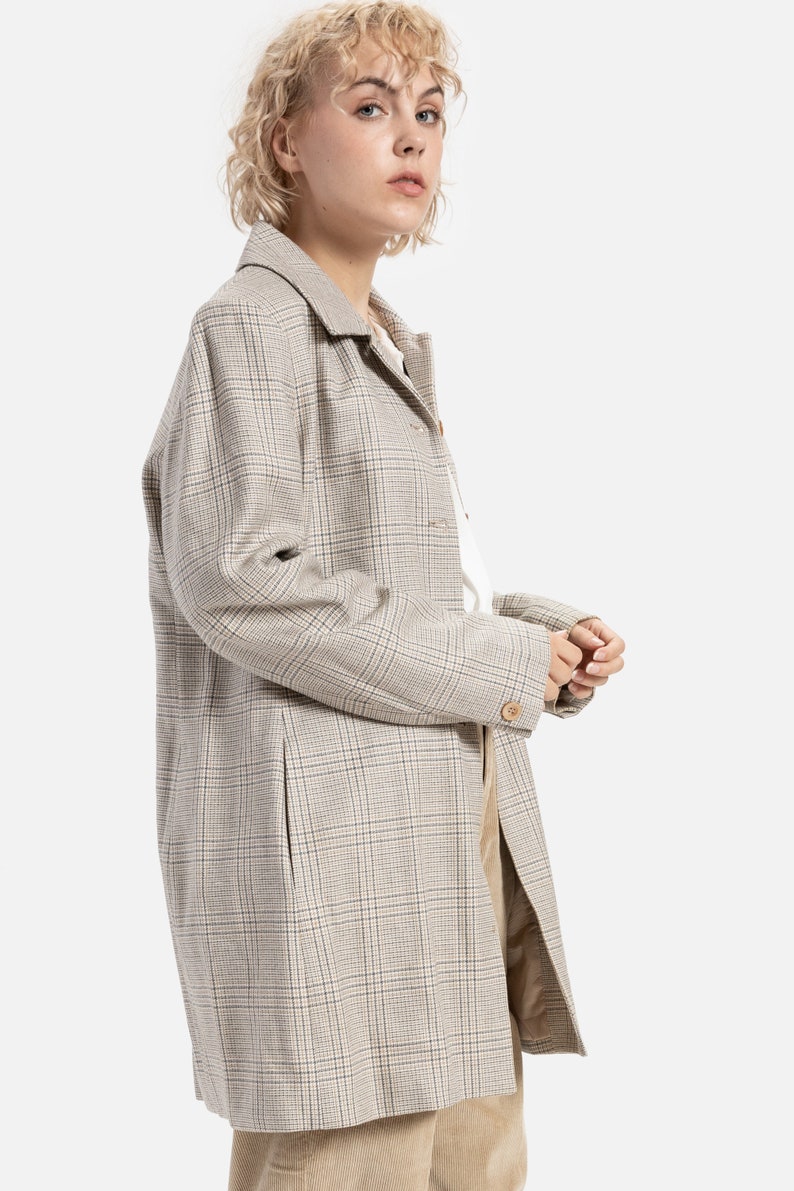 90s Grey Plaid Wool Coat L image 5