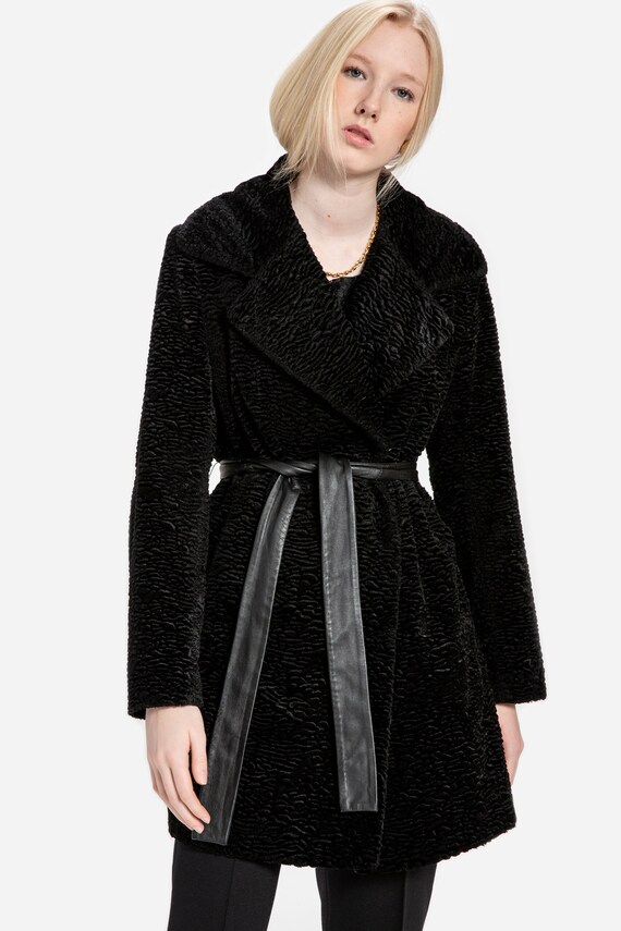 90s Black Textured Wrap Coat M - image 2