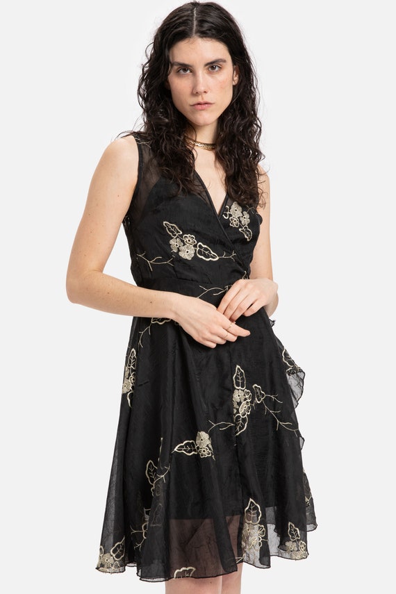 90s Black Sheer Floral Crinkle Faux Wrap Dress S - image 9