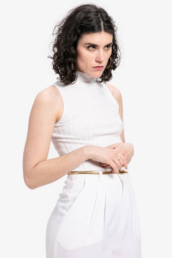90s White Ribbed Sleeveless Turtleneck S