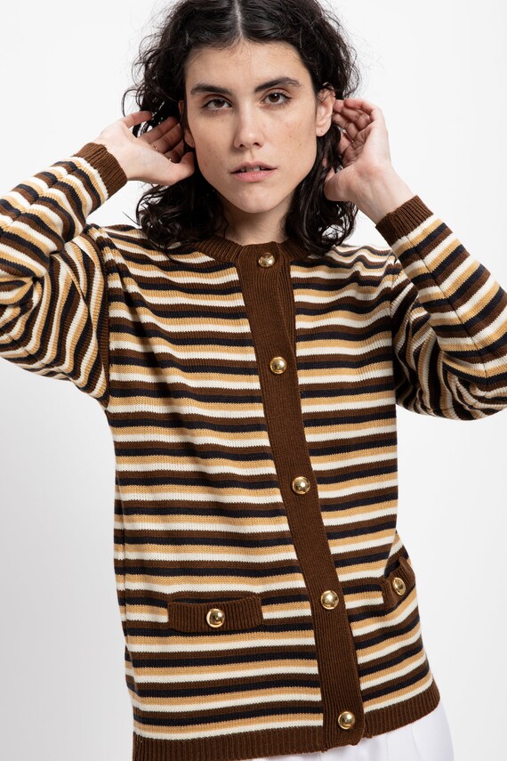 70s Brown Striped Cardigan S - image 9