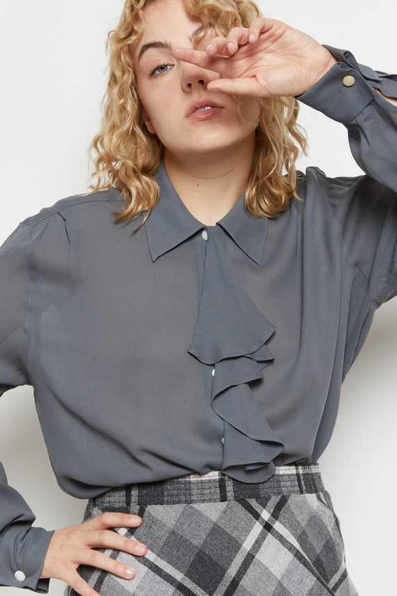 90s Charcoal Chiffon Ruffle Blouse M - image 3