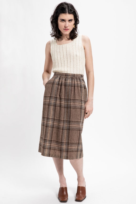 70s Tan Plaid Skirt M - image 1