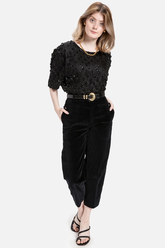 80s Black Silk Sequin Top M - image 1