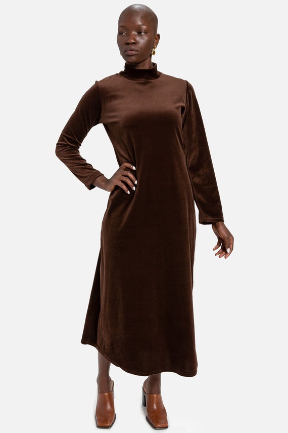 70s Chocolate Velvet Turtleneck Dress M
